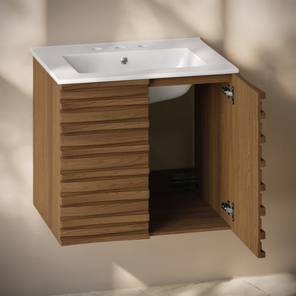 Swiss Madison, Cascade 24" Wall-Mounted Bathroom Vanity in Brown Oak with 3-Hole Widespread Sink Top