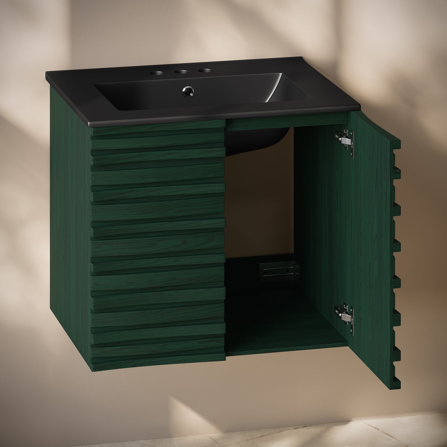 Swiss Madison, Cascade 24" Wall-Mounted Bathroom Vanity in Green Oak with Black 3-Hole Centerset Sink Top