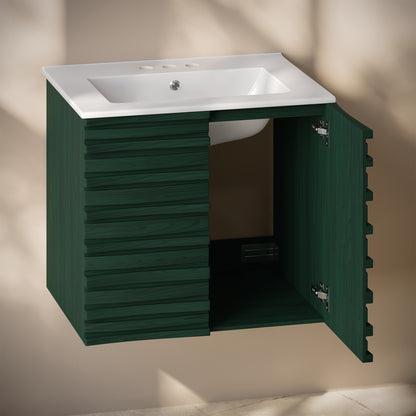 Swiss Madison, Cascade 24" Wall-Mounted Bathroom Vanity in Green Oak with 3-Hole Centerset Sink Top