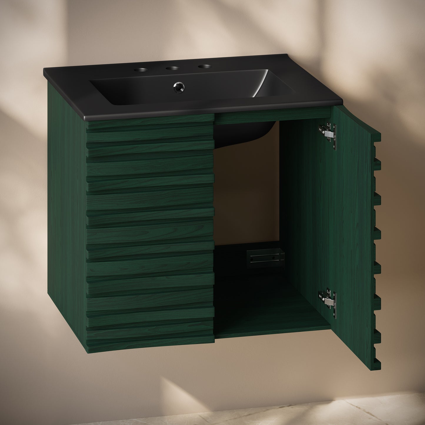 Swiss Madison, Cascade 24" Wall-Mounted Bathroom Vanity in Green Oak with Black 3-Hole Widespread Sink Top