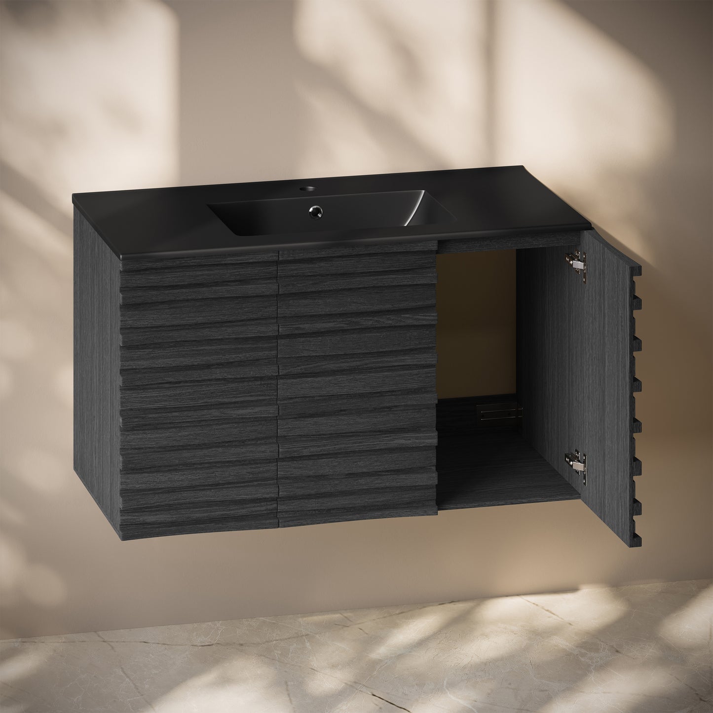 Swiss Madison, Cascade 36" Wall-Mounted Bathroom Vanity in Black Oak with Black Sink Top
