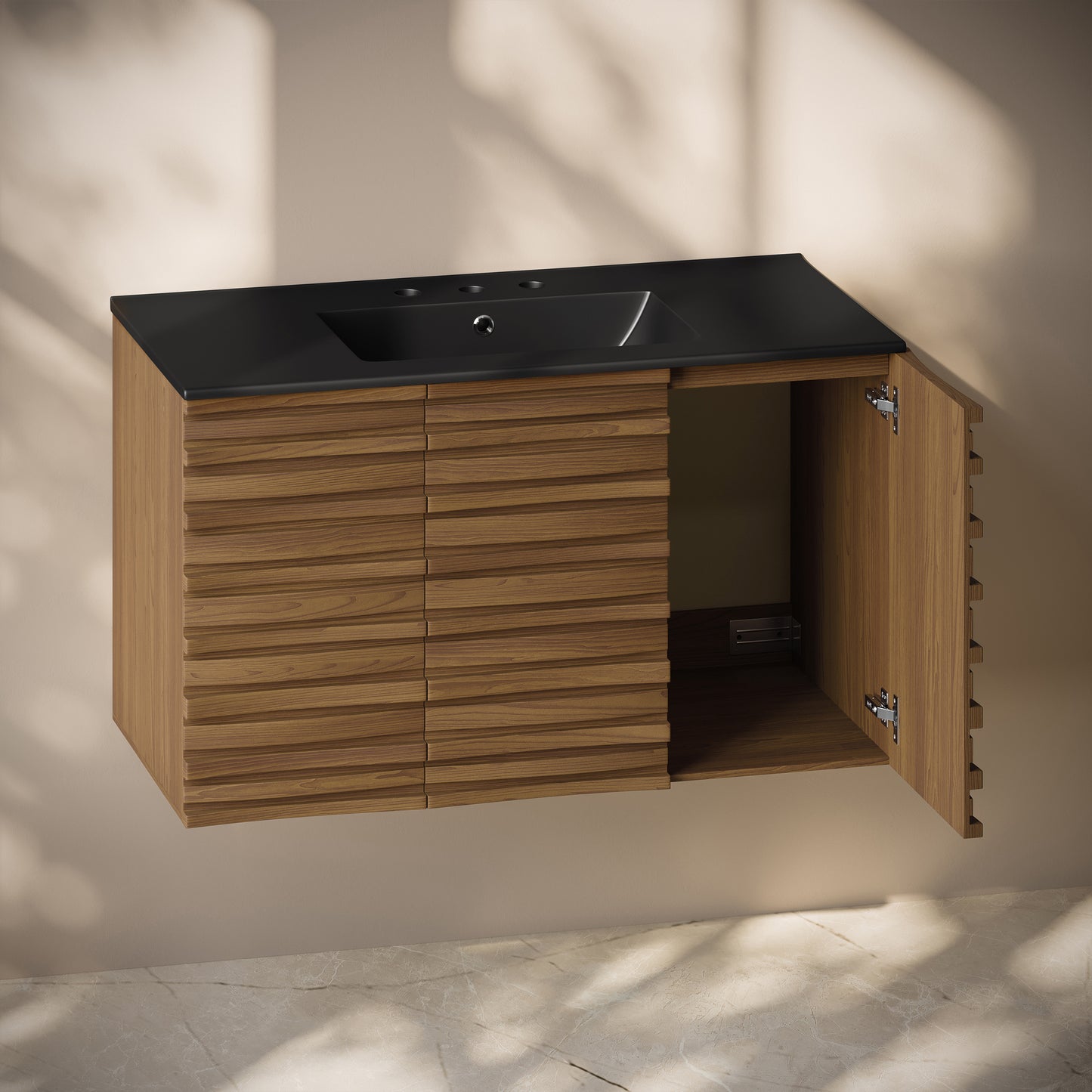 Swiss Madison, Cascade 36" Wall-Mounted Bathroom Vanity in Brown Oak with Black 3-Hole Widespread Sink Top