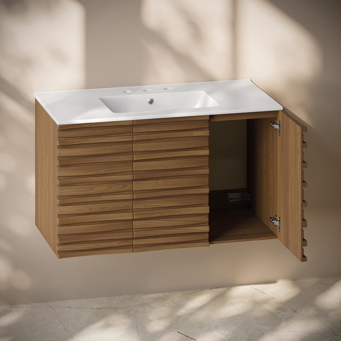 Swiss Madison, Cascade 36" Wall-Mounted Bathroom Vanity in Brown Oak with 3-Hole Widespread Sink Top