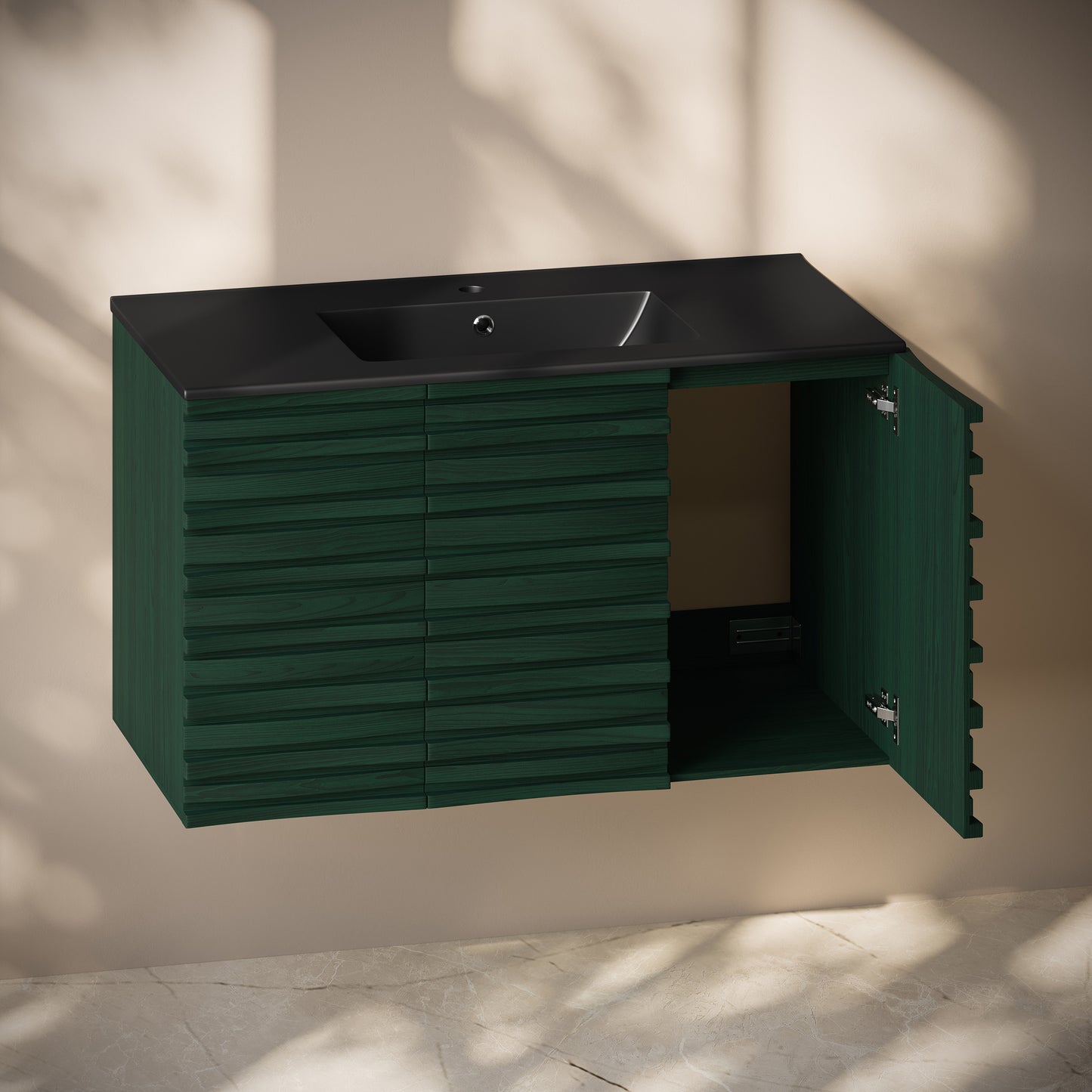 Swiss Madison, Cascade 36" Wall-Mounted Bathroom Vanity in Green Oak with Black Sink Top