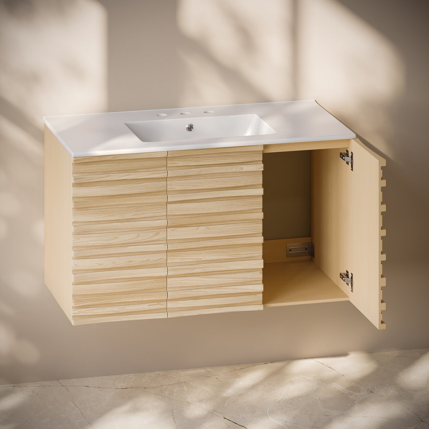 Swiss Madison, Cascade 36" Wall-Mounted Bathroom Vanity in Natural Oak with 3-Hole Widespread Sink Top