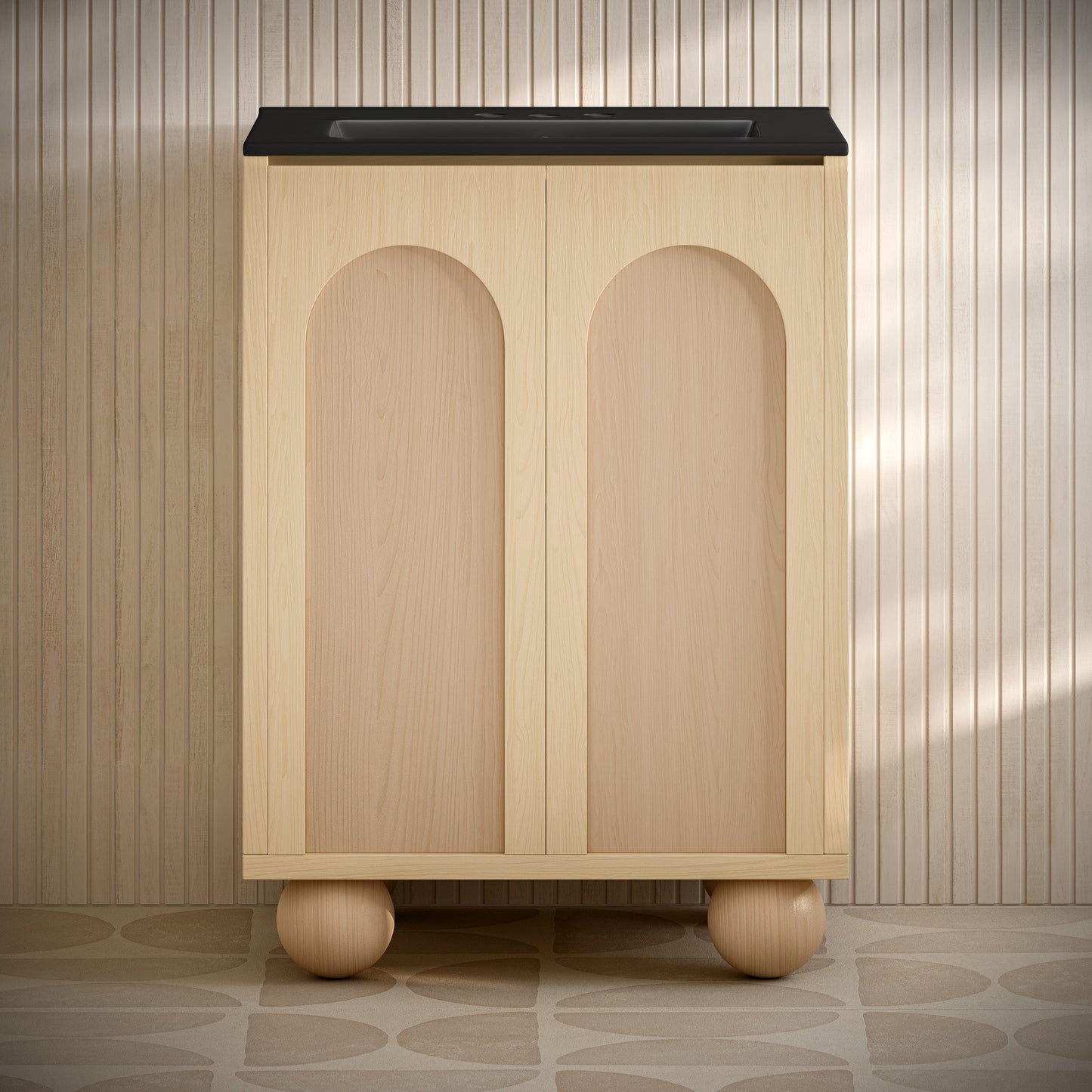 Swiss Madison, Plaisir II 24" Freestanding Bathroom Vanity in Natural Oak with Black 3-Hole Centerset Sink Top