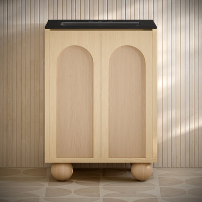Swiss Madison, Plaisir II 24" Freestanding Bathroom Vanity in Natural Oak with Black 3-Hole Centerset Sink Top