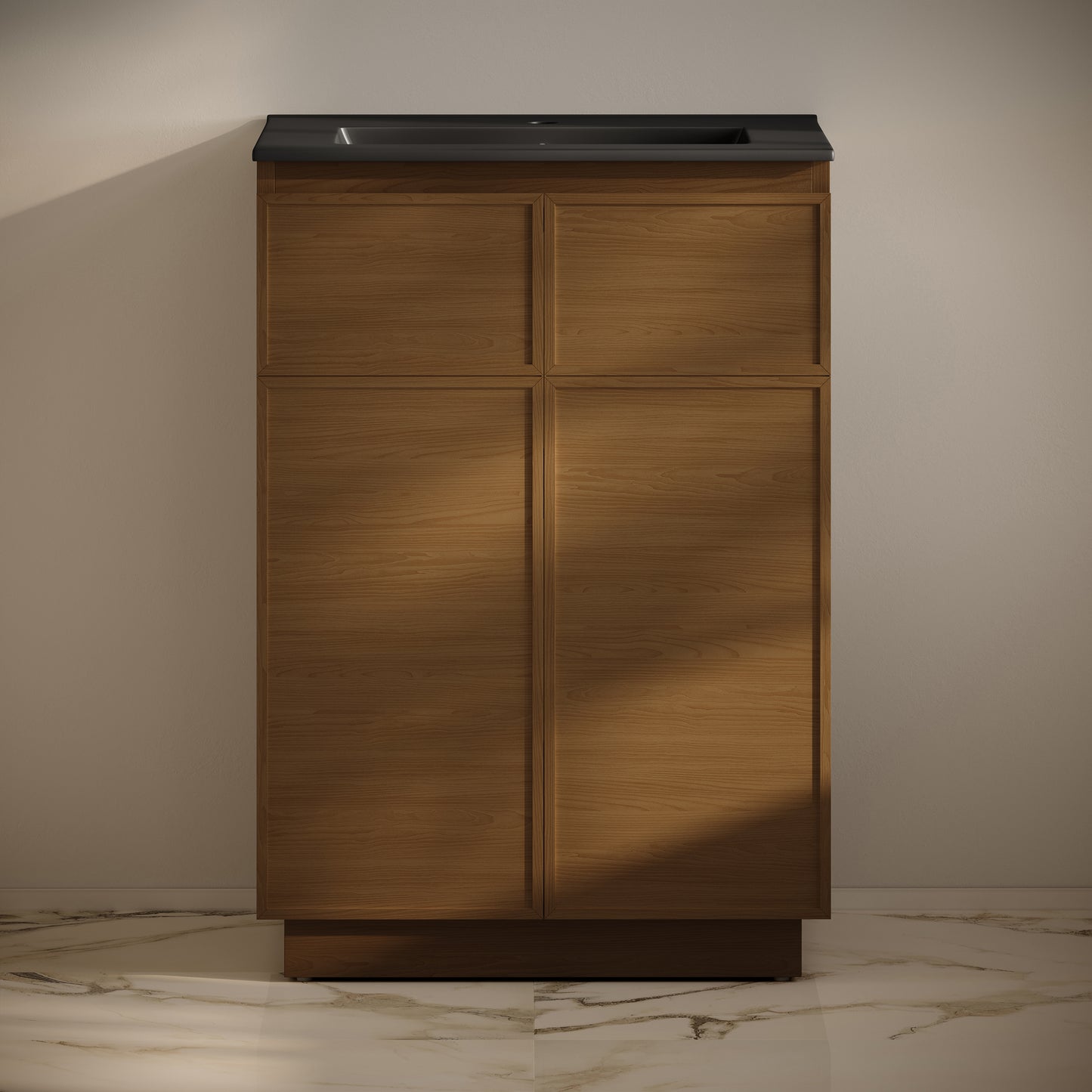 Swiss Madison, St. Tropez 24" Freestanding Bathroom Vanity in Brown Oak with Black Sink Top