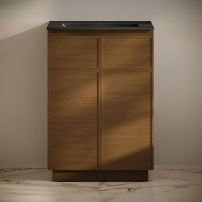 Swiss Madison, St. Tropez 24" Freestanding Bathroom Vanity in Brown Oak with Black Sink Top