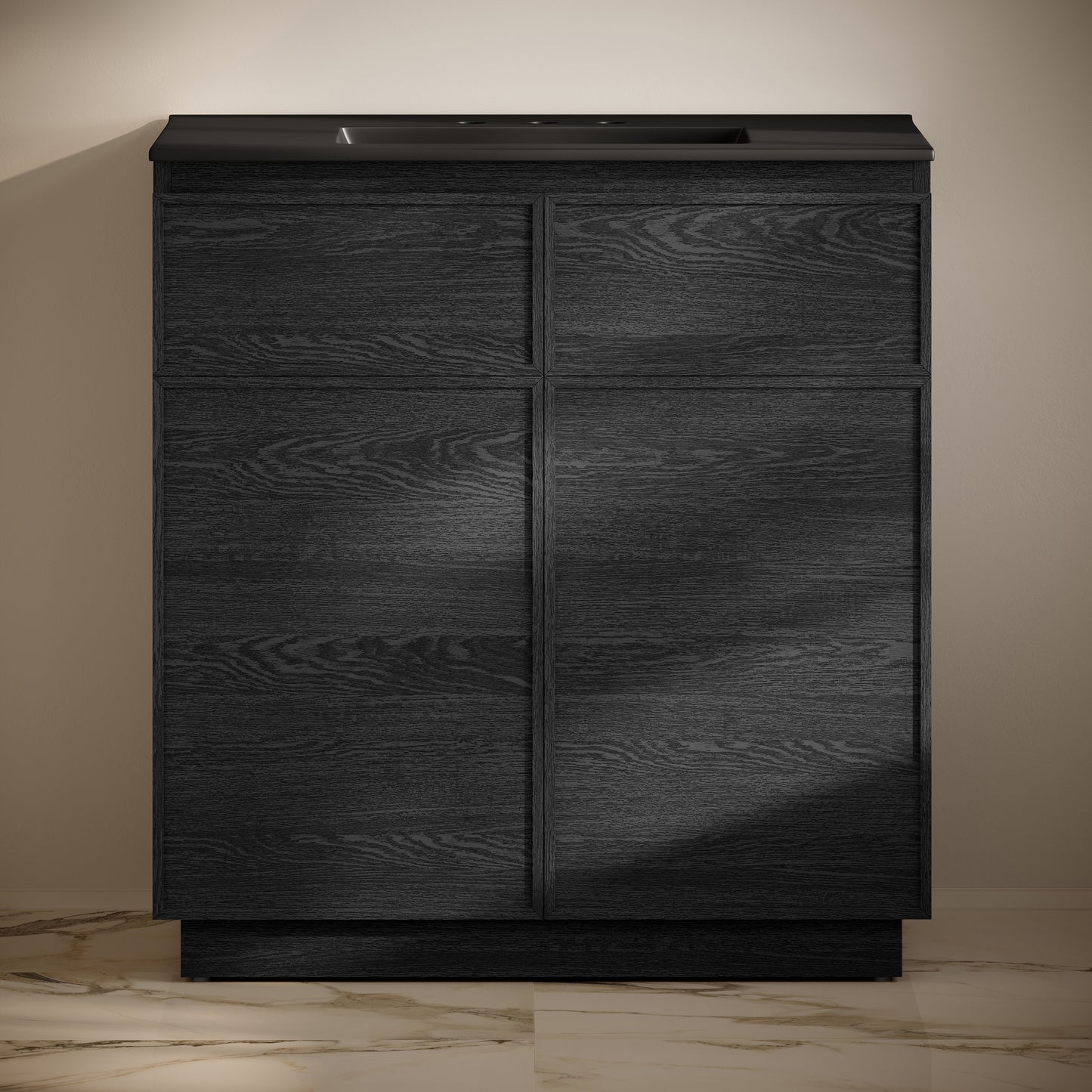 Swiss Madison, St. Tropez 36" Freestanding Bathroom Vanity in Black Oak with Black 3-Hole Widespread Sink Top