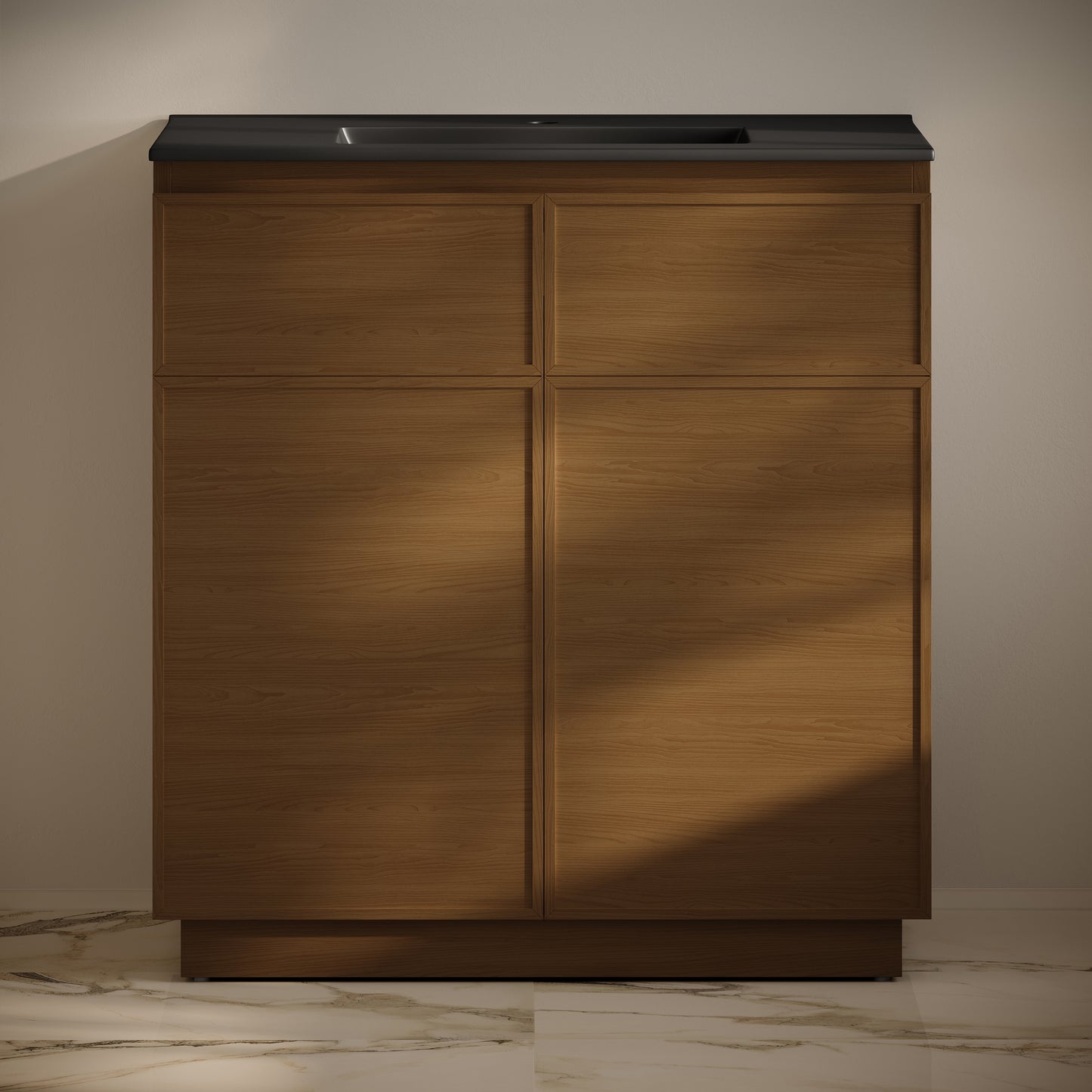 Swiss Madison, St. Tropez 36" Freestanding Bathroom Vanity in Brown Oak with Black Sink Top
