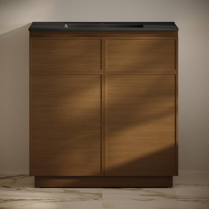 Swiss Madison, St. Tropez 36" Freestanding Bathroom Vanity in Brown Oak with Black Sink Top