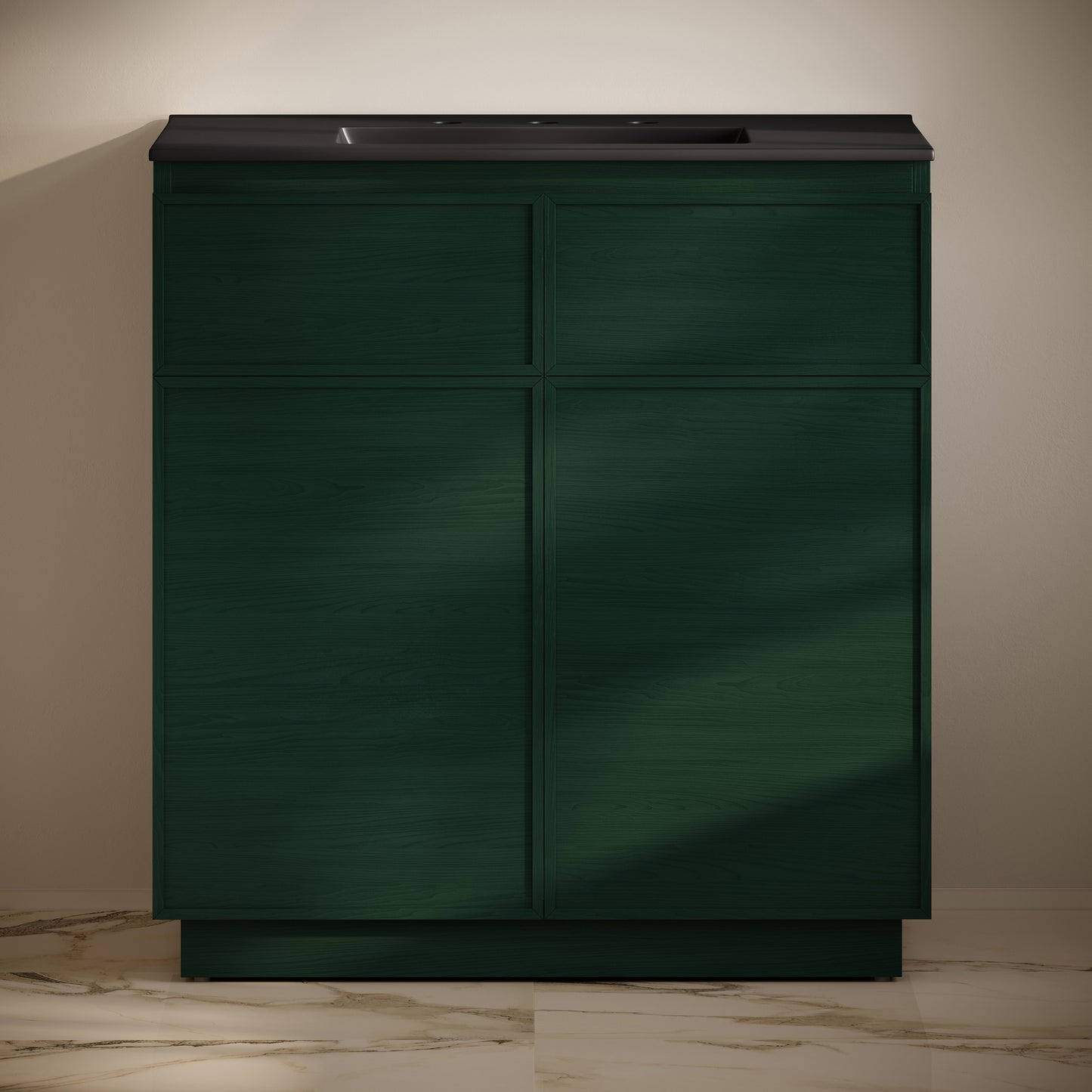 Swiss Madison, St. Tropez 36" Freestanding Bathroom Vanity in Green Oak with Black 3-Hole Widespread Sink Top