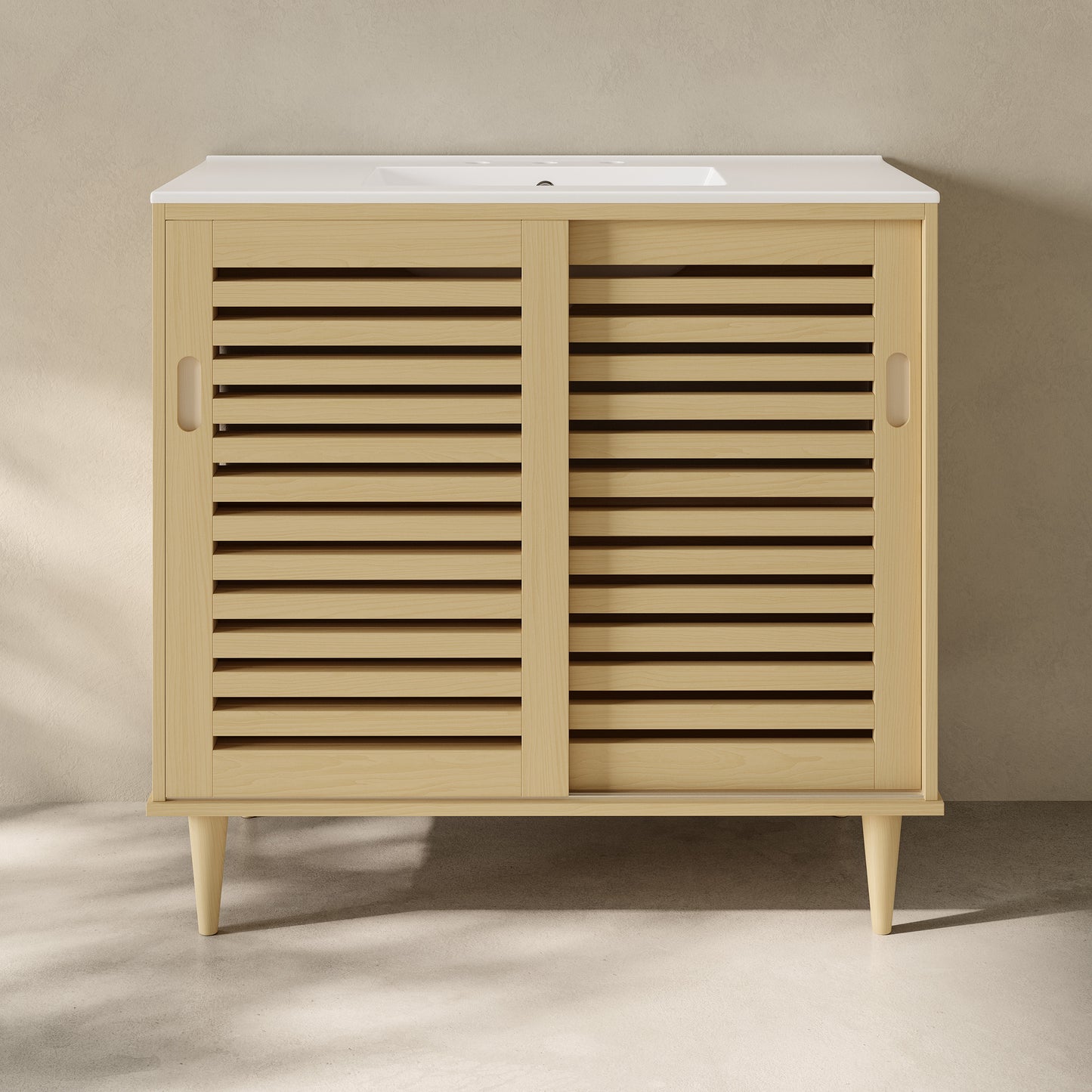 Swiss Madison, Delice 36" Freestanding Bathroom Vanity in Natural Oak with 3-Hole Widespread Sink Top