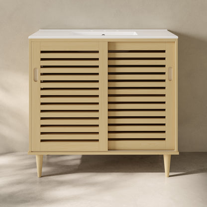 Swiss Madison, Delice 36" Freestanding Bathroom Vanity in Natural Oak with 3-Hole Widespread Sink Top