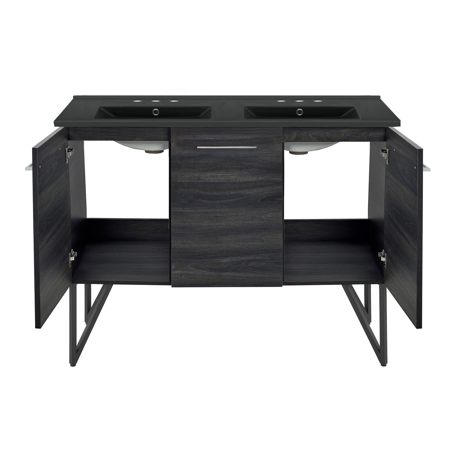Swiss Madison, Annecy 48 in. Black Walnut, Double Basin Bathroom Vanity With Black, 3-Hole Ceramic Sink Top