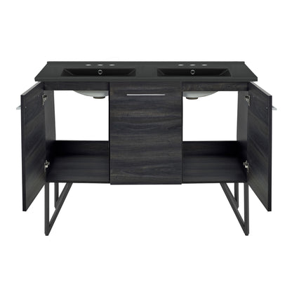 Swiss Madison, Annecy 48 in. Black Walnut, Double Basin Bathroom Vanity With Black, 3-Hole Ceramic Sink Top
