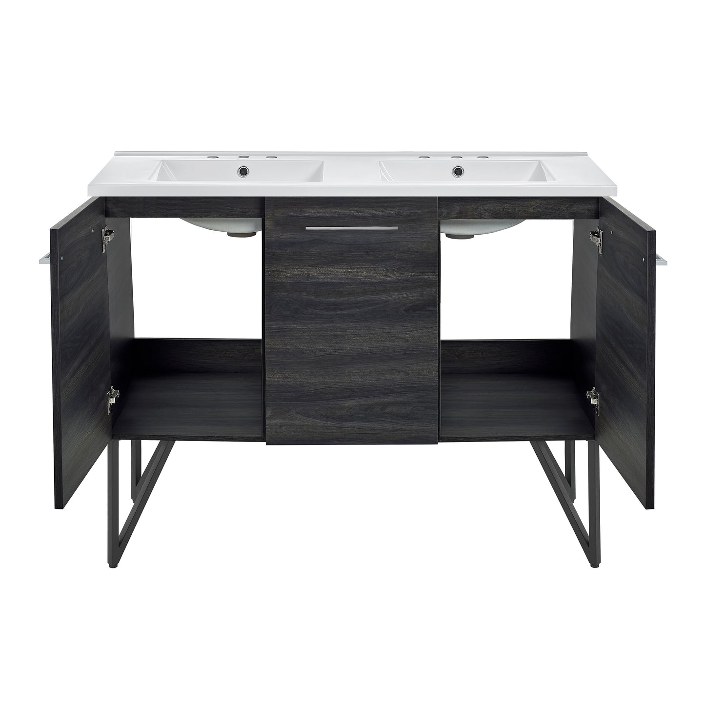 Swiss Madison, Annecy 48 in. Black Walnut, Double Basin Bathroom Vanity With White, 3-Hole Ceramic Sink Top