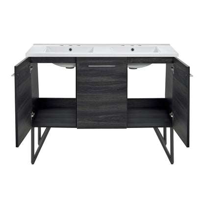 Swiss Madison, Annecy 48 in. Black Walnut, Double Basin Bathroom Vanity With White, 3-Hole Ceramic Sink Top