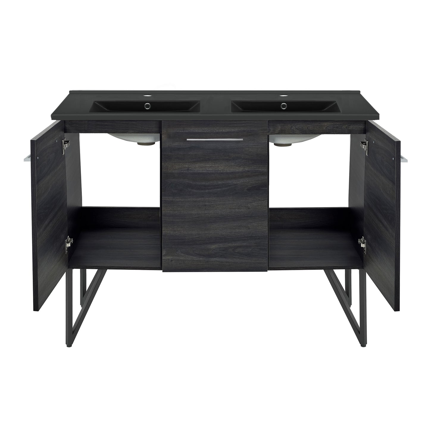 Swiss Madison, Annecy 48 in. Black Walnut, Double Basin Bathroom Vanity With Black Ceramic Sink Top