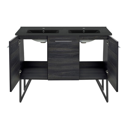 Swiss Madison, Annecy 48 in. Black Walnut, Double Basin Bathroom Vanity With Black Ceramic Sink Top