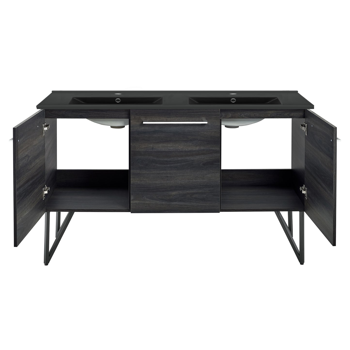 Swiss Madison, Annecy 60 in. Black Walnut, Double Basin Bathroom Vanity With Black Artificial Stone Sink Top