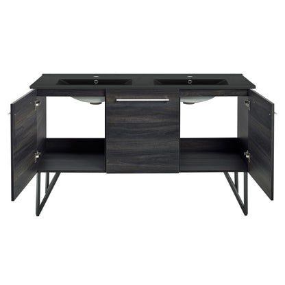 Swiss Madison, Annecy 60 in. Black Walnut, Double Basin Bathroom Vanity With Black Artificial Stone Sink Top