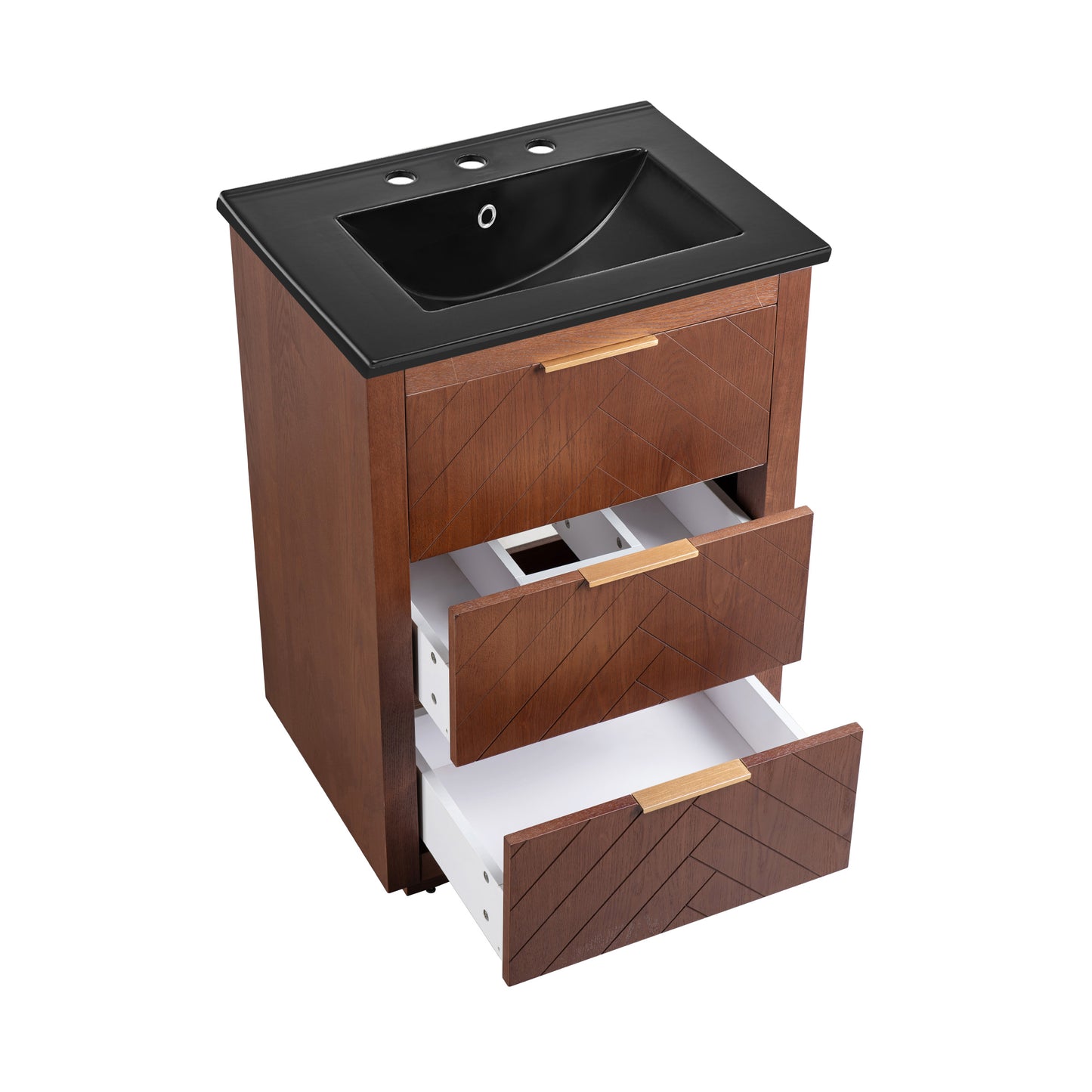 Swiss Madison, Daxton 24" Freestanding Bathroom Vanity in Brown Oak with Black 3-Hole Centerset Sink Top