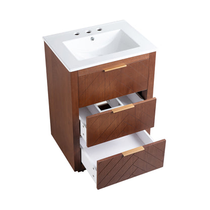 Swiss Madison, Daxton 24" Freestanding Bathroom Vanity in Brown Oak with 3-Hole Centerset Sink Top