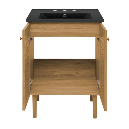 Swiss Madison, Bron 24" Freestanding Bathroom Vanity in Golden Oak with Black 3-Hole Centerset Sink Top