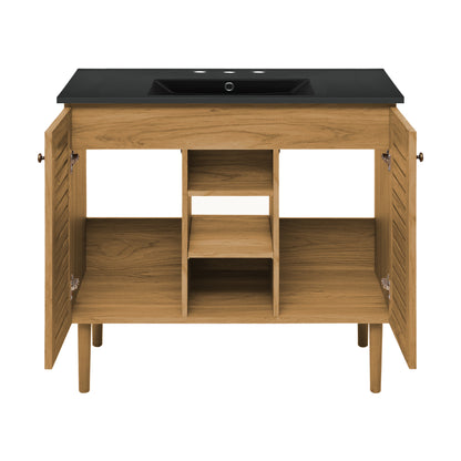 Swiss Madison, Bron 36" Freestanding Bathroom Vanity in Golden Oak with Black 3-Hole Widespread Sink Top