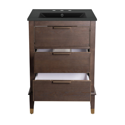 Swiss Madison, Hugo 24 in. Brown Oak Bathroom Vanity With Black, 3-Hole Ceramic Sink Top