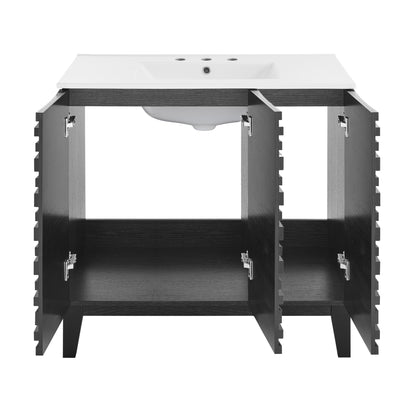 Swiss Madison, Cascade 36 in. Black Oak Bathroom Vanity With White, 3-Hole Ceramic Sink Top