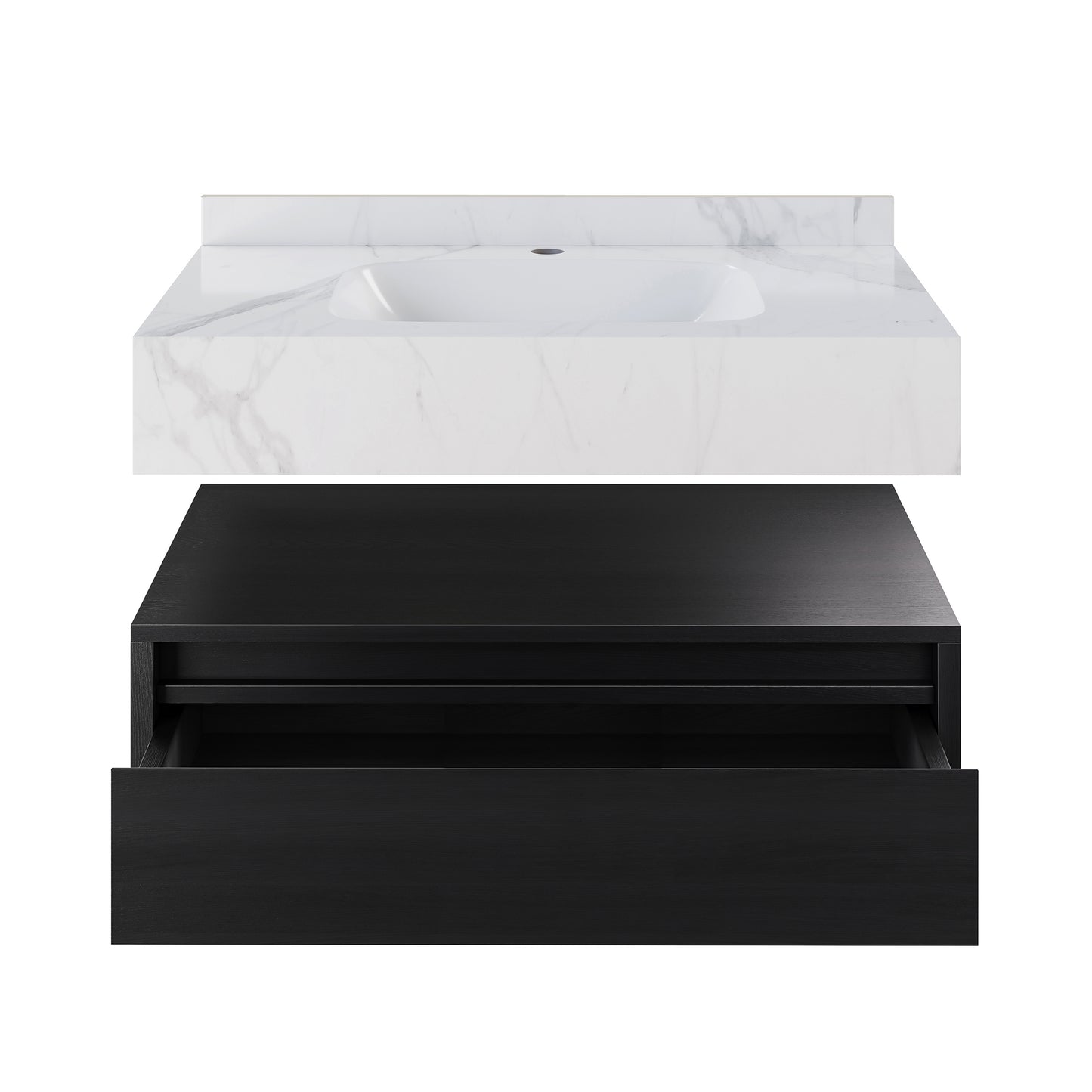 Swiss Madison, Avancer 36" Wall-Mounted Bathroom Vanity in Black Oak with White Marble Sink Top