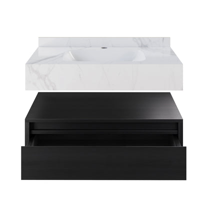 Swiss Madison, Avancer 36" Wall-Mounted Bathroom Vanity in Black Oak with White Marble Sink Top