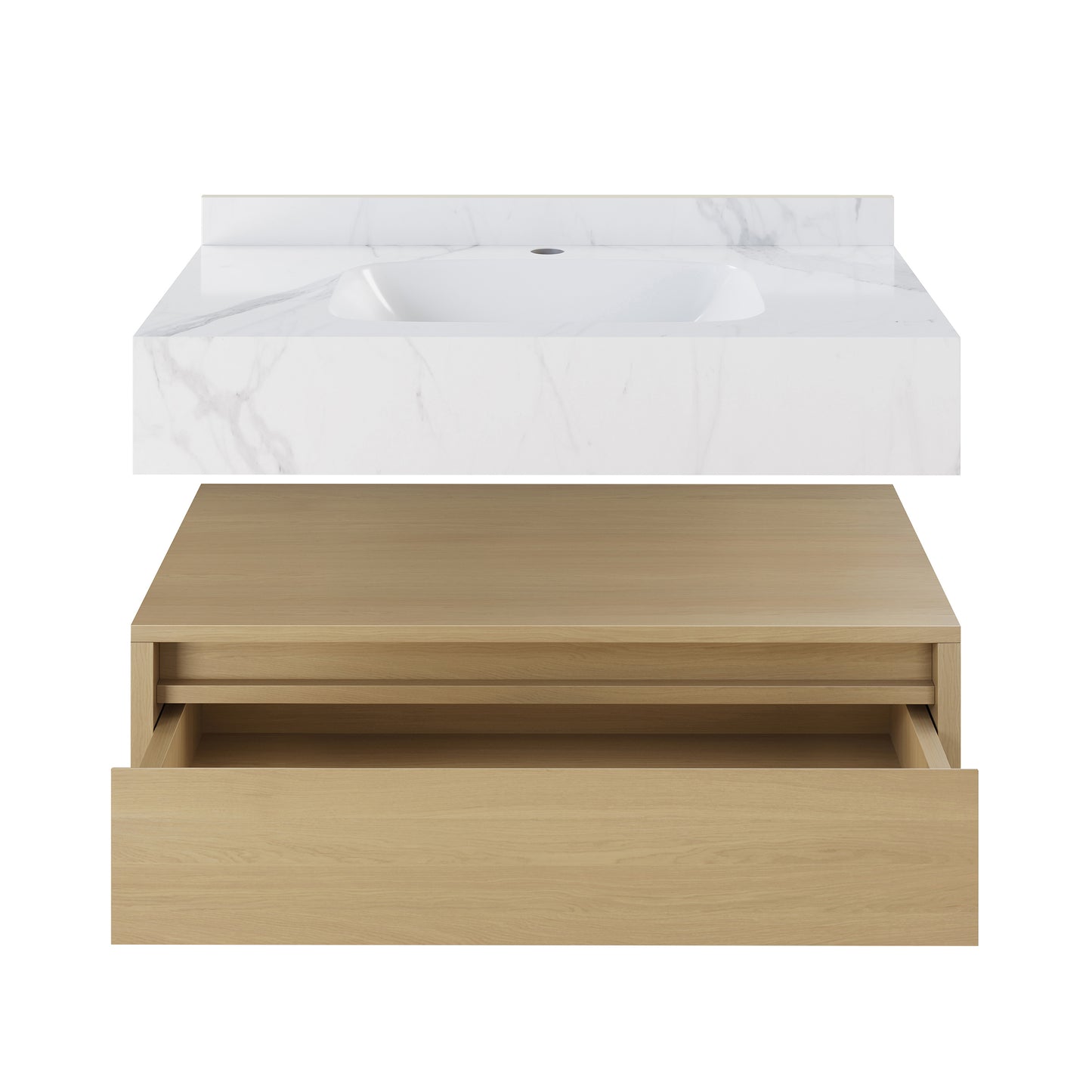 Swiss Madison, Avancer 36" Wall-Mounted Bathroom Vanity in Natural Oak with White Marble Sink Top