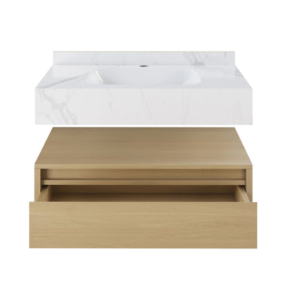 Swiss Madison, Avancer 36" Wall-Mounted Bathroom Vanity in Natural Oak with White Marble Sink Top