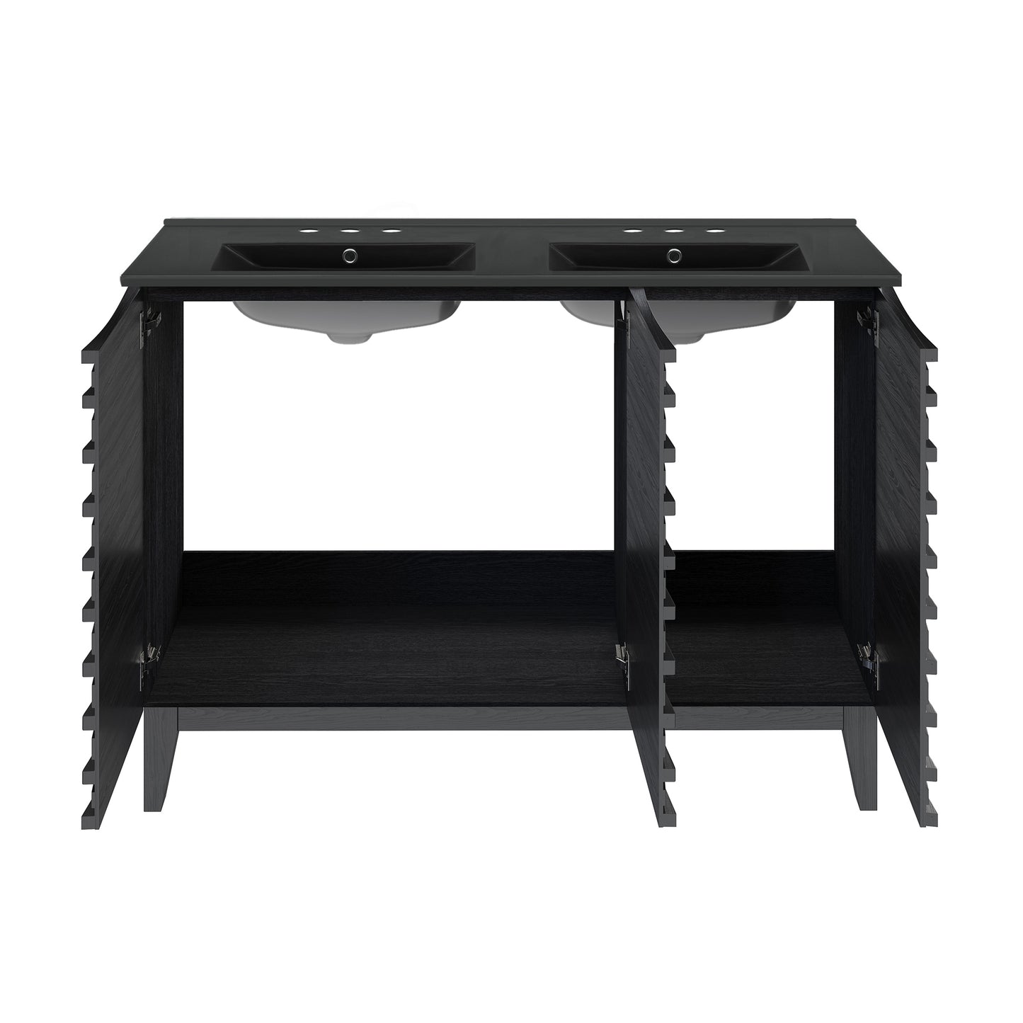 Swiss Madison, Cascade 48 in. Black Oak, Double Basin Bathroom Vanity With Black, 3-Hole Ceramic Sink Top