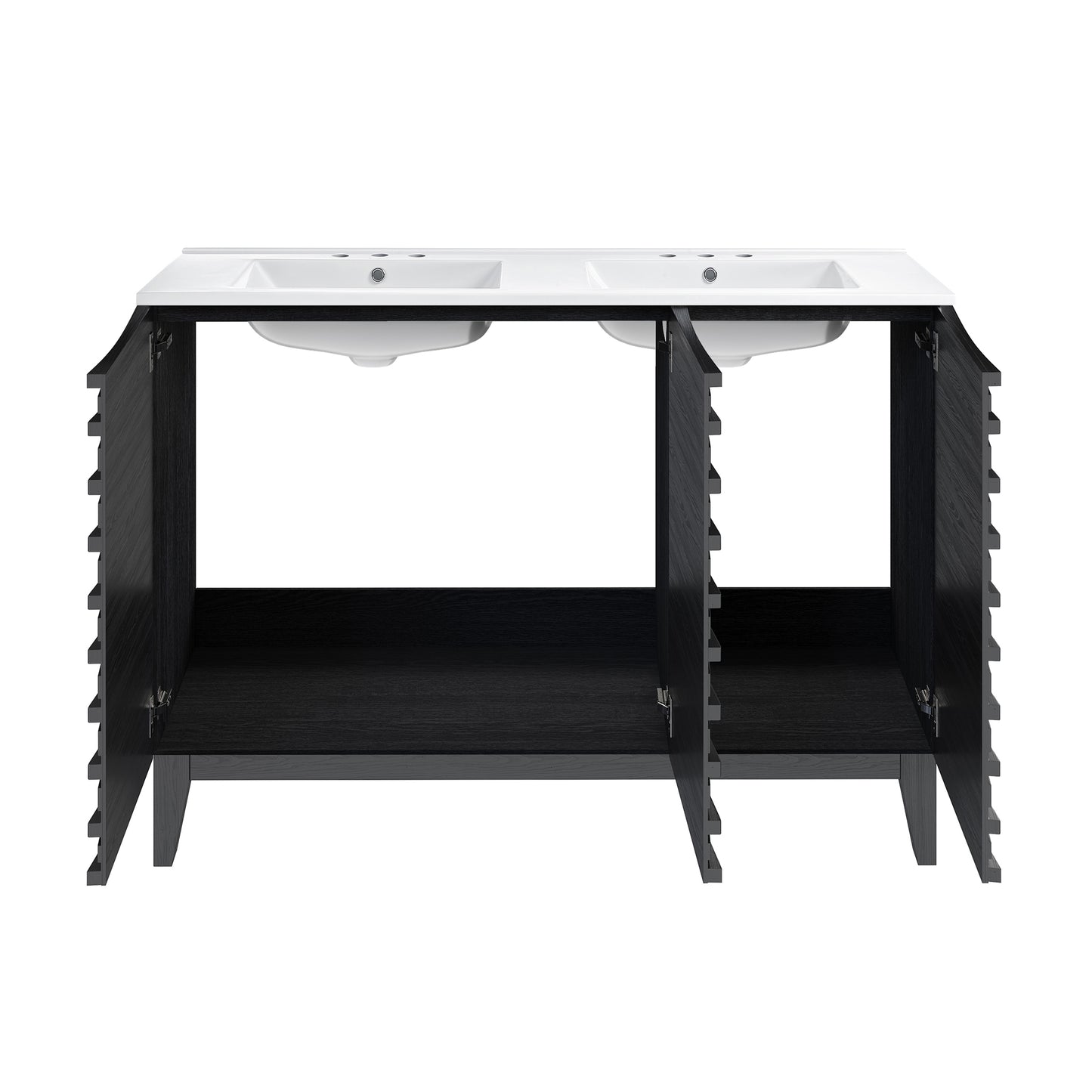 Swiss Madison, Cascade 48 in. Black Oak, Double Basin Bathroom Vanity With White, 3-Hole Ceramic Sink Top