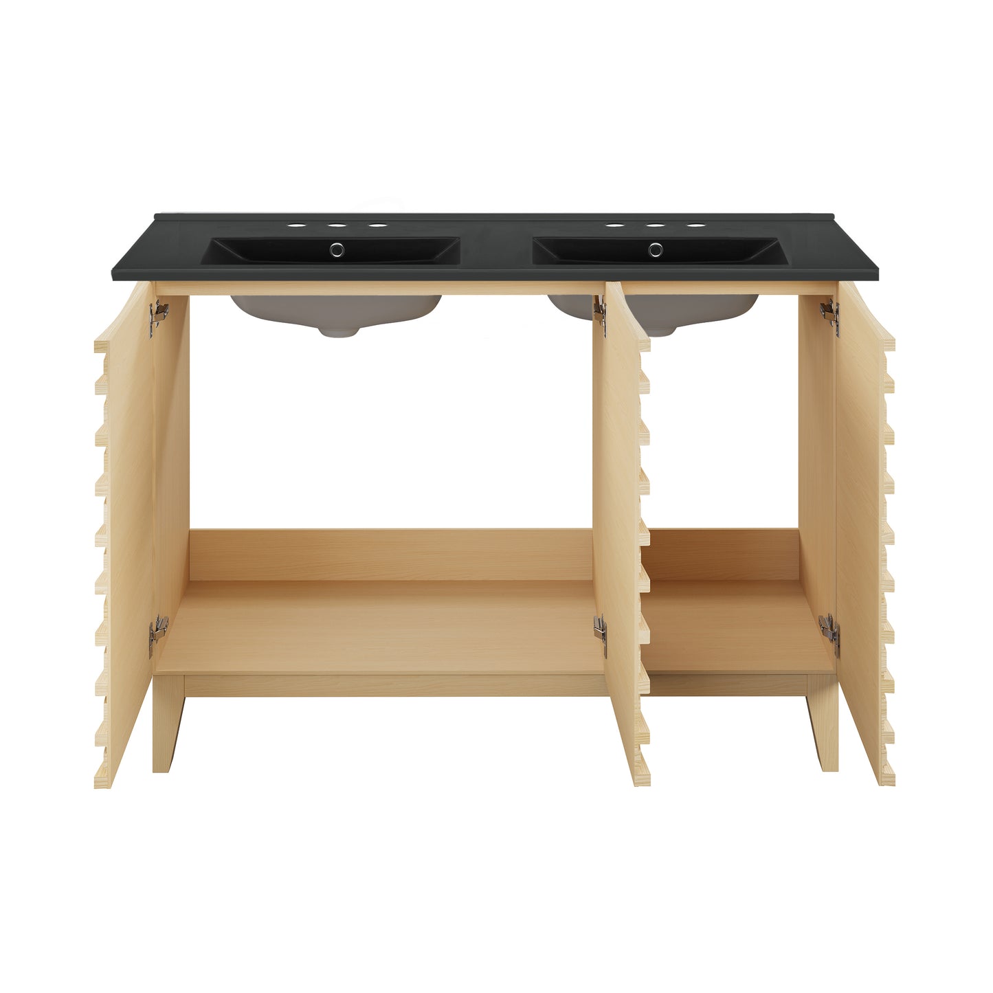 Swiss Madison, Cascade 48 in. Natural Oak, Double Basin Bathroom Vanity With Black, 3-Hole Ceramic Sink Top