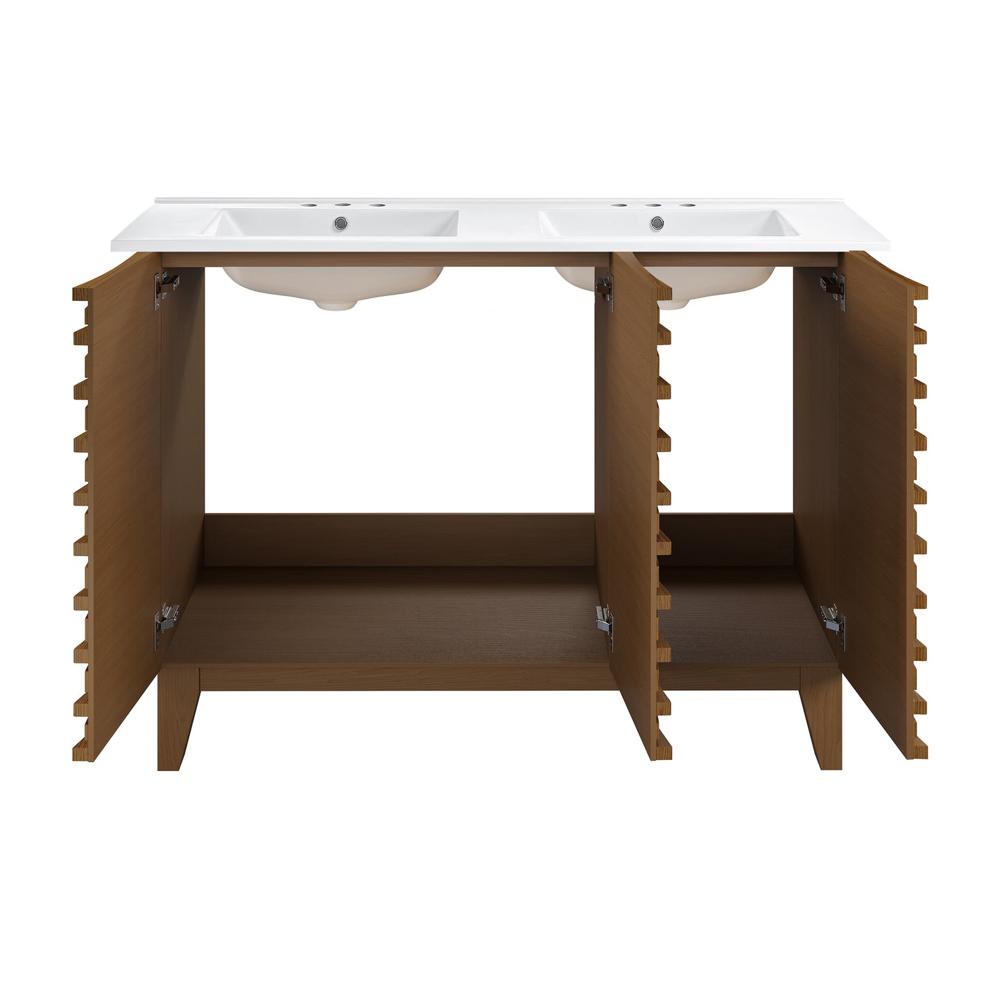 Swiss Madison, Cascade 48 in. Brown Oak, Double Basin Bathroom Vanity With White, 3-Hole Ceramic Sink Top