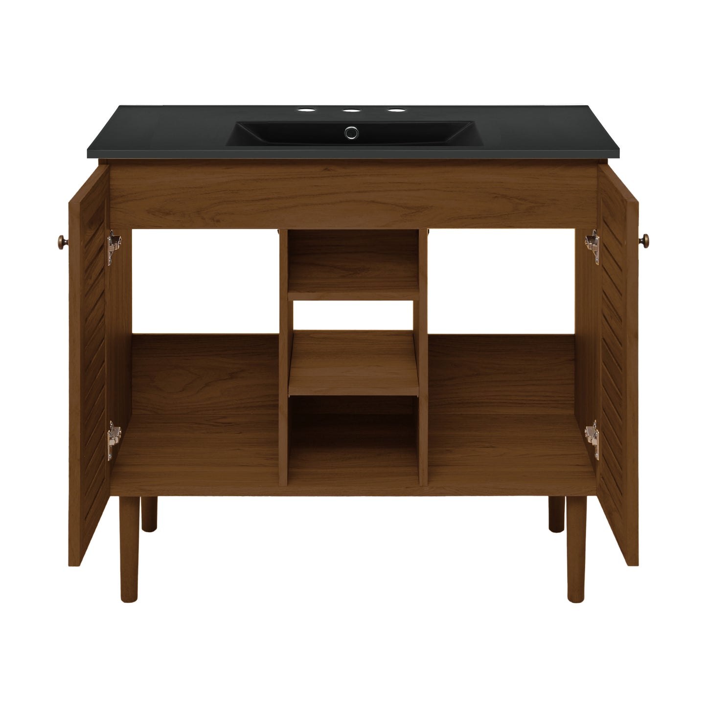 Swiss Madison, Bron 36" Freestanding Bathroom Vanity in Brown Oak with Black 3-Hole Widespread Sink Top