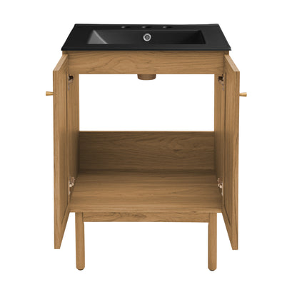 Swiss Madison, Classe 24" Freestanding Bathroom Vanity in Golden Oak with Black 3-Hole Centerset Sink Top