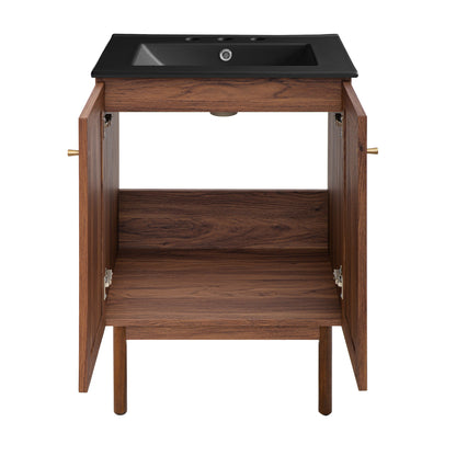Swiss Madison, Classe 24" Freestanding Bathroom Vanity in Brown Oak with Black 3-Hole Centerset Sink Top
