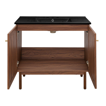 Swiss Madison, Classe 36" Freestanding Bathroom Vanity in Brown Oak with Black 3-Hole Widespread Sink Top