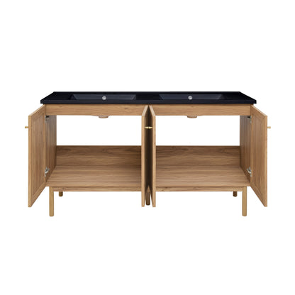 Swiss Madison, Classe 60" Freestanding Bathroom Vanity in Golden Oak with Black 3-Hole Widespread Double Basin Sink Top