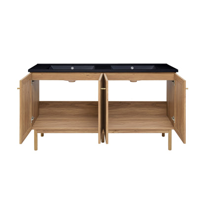 Swiss Madison, Classe 60" Freestanding Bathroom Vanity in Golden Oak with Black Double Basin Sink Top