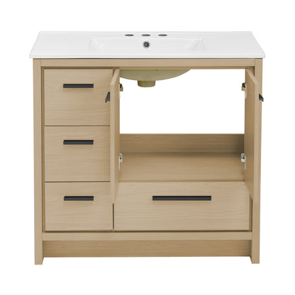 Swiss Madison, Virage 36 in. Brown Oak Bathroom Vanity With White, 3-Hole Ceramic Sink Top