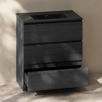 Swiss Madison, Liberte 30" Freestanding Bathroom Vanity in Black Oak with Black Sink Top