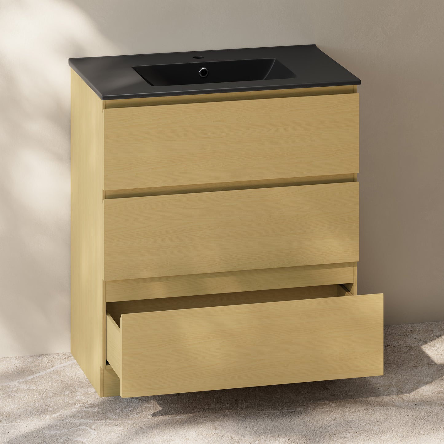 Swiss Madison, Liberte 30" Freestanding Bathroom Vanity in Natural Oak with Black Sink Top